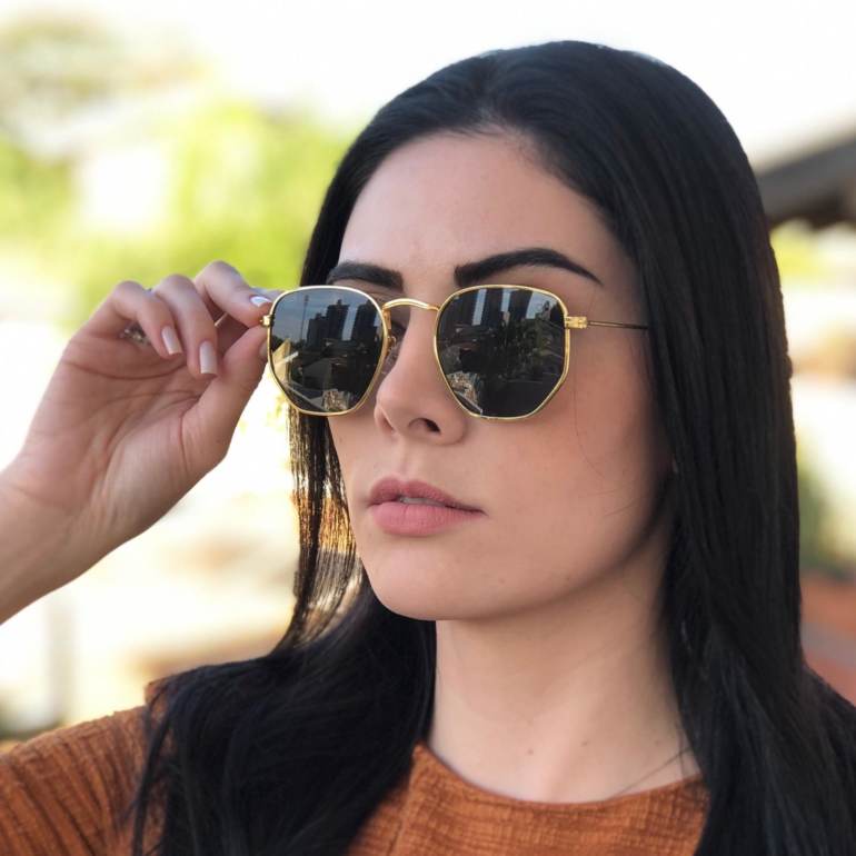 oculos de sol hexagonal dourado com verde elisa new 2