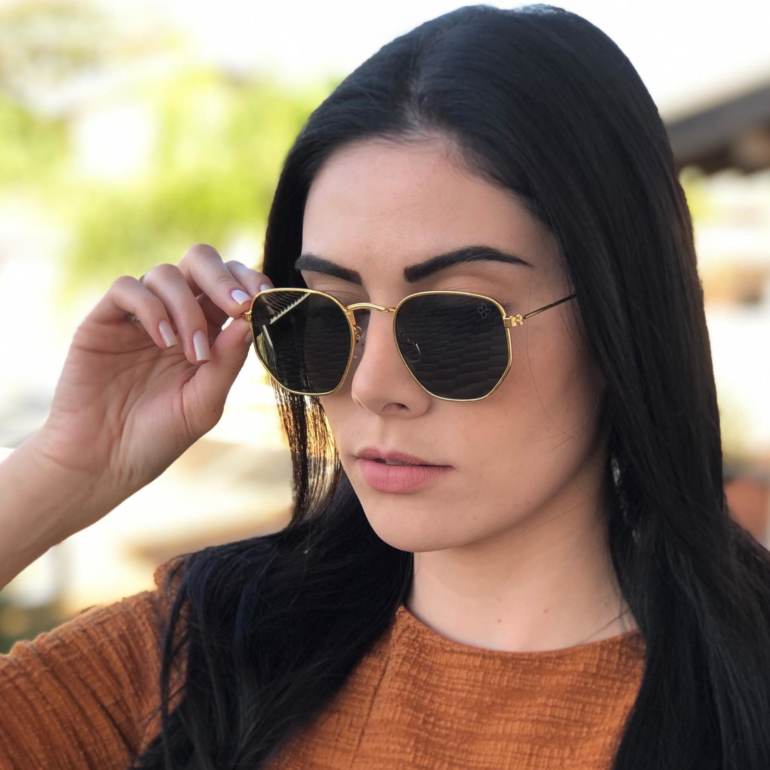 oculos de sol hexagonal dourado com verde elisa new 3