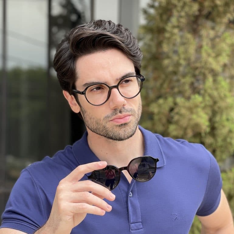 Óculos 2 em 1 Clip-On Masculino Redondo Preto Felipe