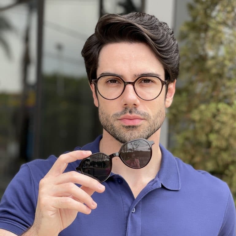 Óculos 2 em 1 Clip-On Masculino Redondo Marrom Felipe