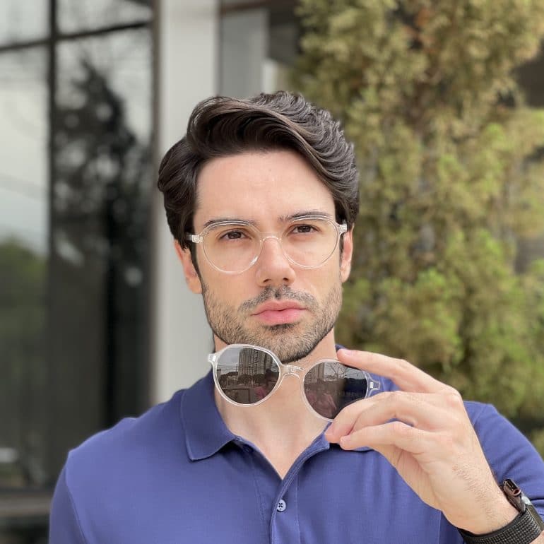Óculos 2 em 1 Clip-On Masculino Redondo Transparente Felipe