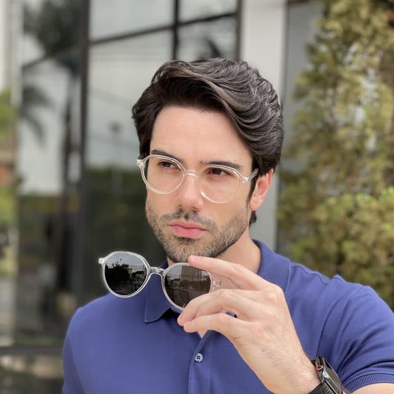 Óculos 2 em 1 Clip-On Masculino Redondo Transparente Felipe
