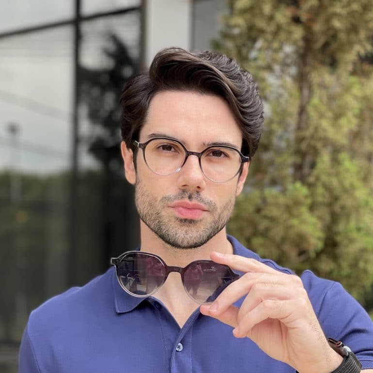 Óculos 2 em 1 Clip-On Masculino Redondo Preto Transparente Felipe