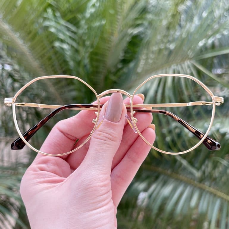 oculos 2 em 1 clip on hexagonal dourado com preto maisa