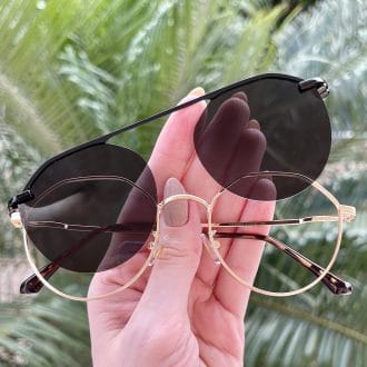 oculos 2 em 1 clip on hexagonal dourado com preto maisa