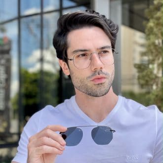 Óculos 2 em 1 Clip-On Masculino Hexagonal Grafite com Preto