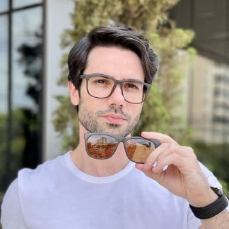 Óculos 2 em 1 Clip-On Masculino Retangular Marrom Fosco Theo