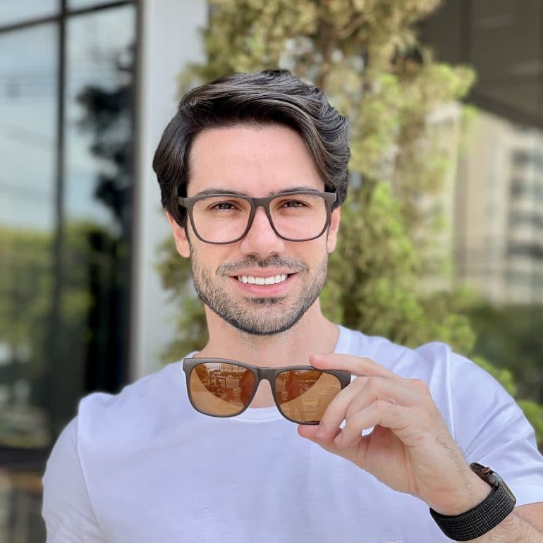 Óculos 2 em 1 Clip-On Masculino Retangular Marrom Fosco Theo