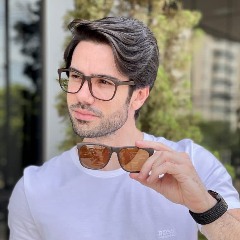 Óculos 2 em 1 Clip-On Masculino Retangular Marrom Fosco Theo