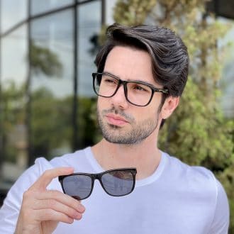 Óculos 2 em 1 Clip-On Masculino Retangular Preto Fosco Theo