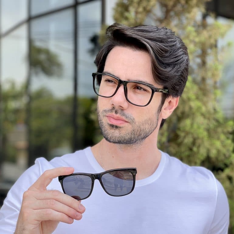 Óculos 2 em 1 Clip-On Masculino Retangular Preto Fosco Theo