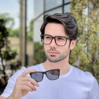 Óculos 2 em 1 Clip-On Masculino Retangular Preto Fosco Theo