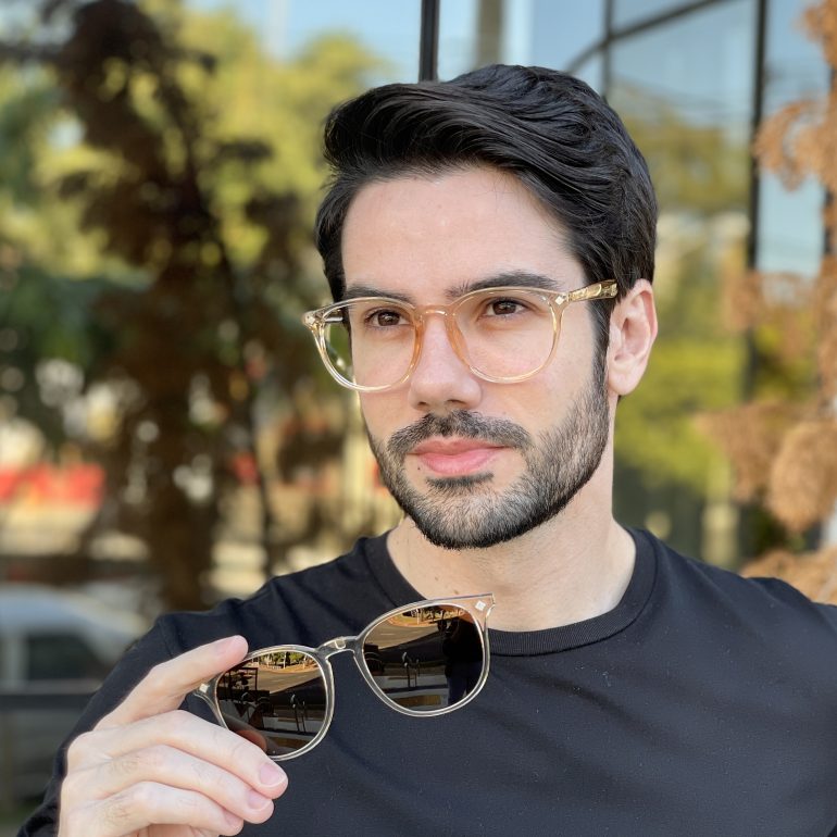 Óculos 2 em 1 Clip-On Masculino Redondo Dourado César