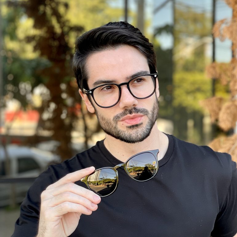 Óculos 2 em 1 Clip-On Masculino Redondo Preto César