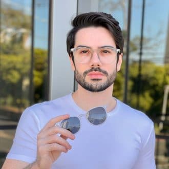 Óculos 2 em 1 Clip-On Masculino Redondo Cinza César