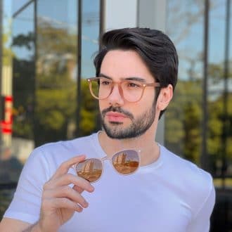 Óculos 2 em 1 Clip-On Masculino Redondo Marrom César