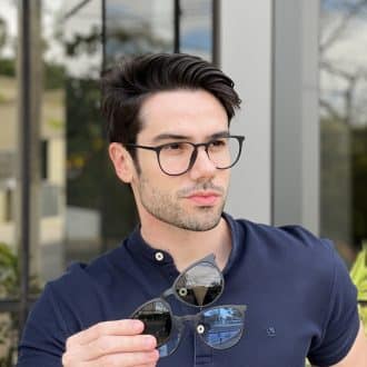 Óculos 3 em 1 Clip-On Masculino Redondo Preto Fosco Fabio