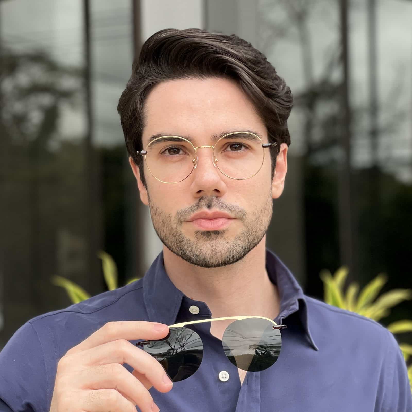 Óculos 2 em 1 Clip-On Masculino Redondo Dourado com Verde Eduardo 2