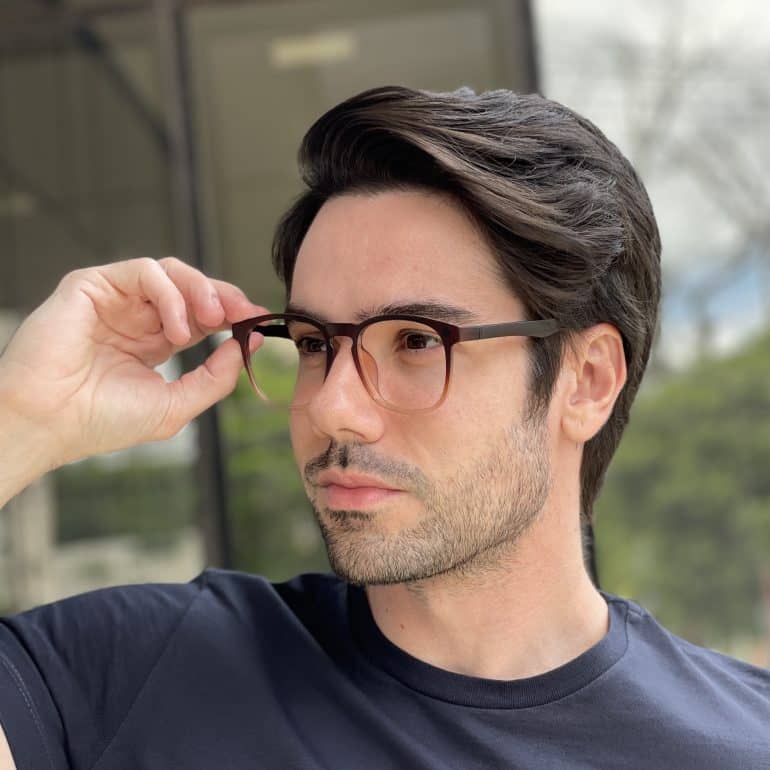 Óculos 2 em 1 Clip-On Masculino Quadrado Marrom e Transparente Jean