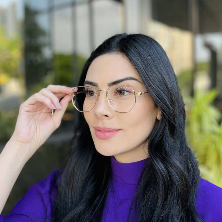 safine com br oculos de grau feminino hexagonal dourado e rosa alanis 1