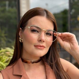 safine com br oculos de grau feminino hexagonal dourado polly 2