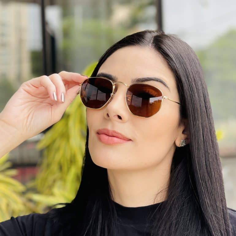 safine com br oculos de sol feminino hexagonal marrom camila 3