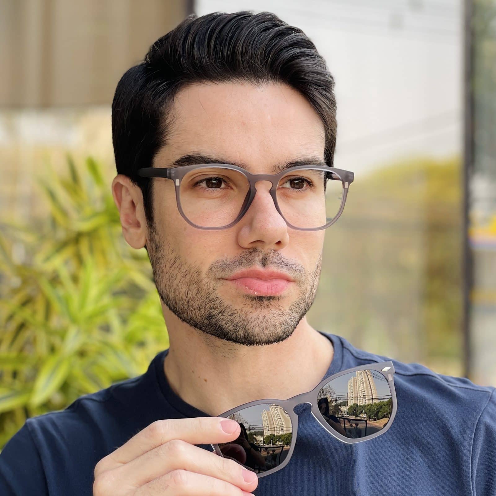 Óculos 2 em 1 Clip-On Masculino Hexagonal Cinza Fosco Juliano - Safine