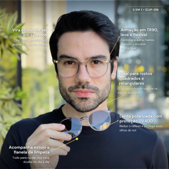 safine com br oculos 2 em 1 clip on masculino redondo cinza transparente joao 2 0