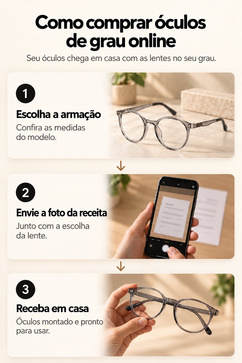 Como comprar óculos de grau online em 3 passos: escolha a armação, envie a foto da receita e receba em casa